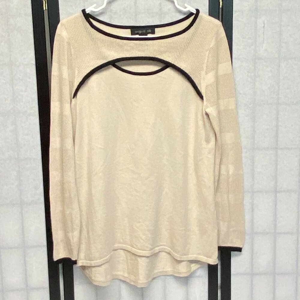 August Silk Crochet Keyhole Tunic Sweater Beige Black M Long Sleeve Overlap Neck